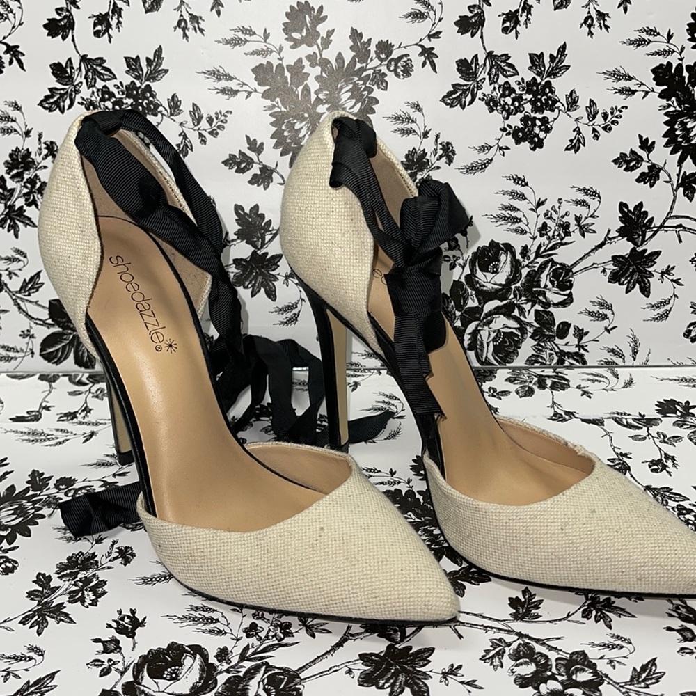 Alexandria Ankle Tie-Up Pointed Cloth Canvas Heels